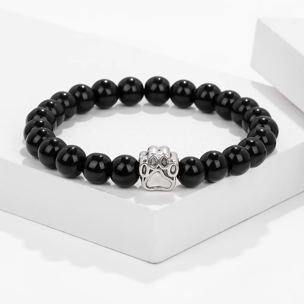 

Natural Stone Black Onyx Beaded Bracelets Best Friend Dog Paw Print Charm Bracelets Homme Femme Pet Lovers Strench Jewelry Gifts
