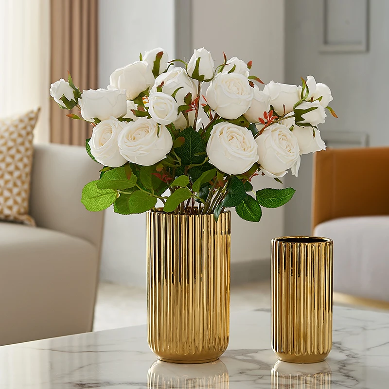 

Gold Ceramic Flower Vase for Home Decor Wedding 3 Sizes Living Room Decoration Porcelain Table Centerpiece Organizer Container