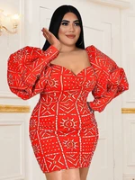 plus size 4xl sexy mini dress women party printed long lantern sleeves robes vintage retro african female event celebrate summer
