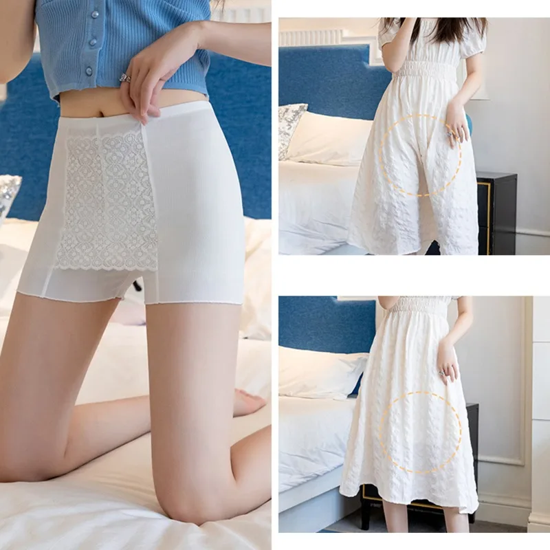 

Ice Silk Lace High Waist Safety Pants Boxer Women Thin Sliming Fit Women's Summer Shorts Double Layer Seamless Skirt Shorts