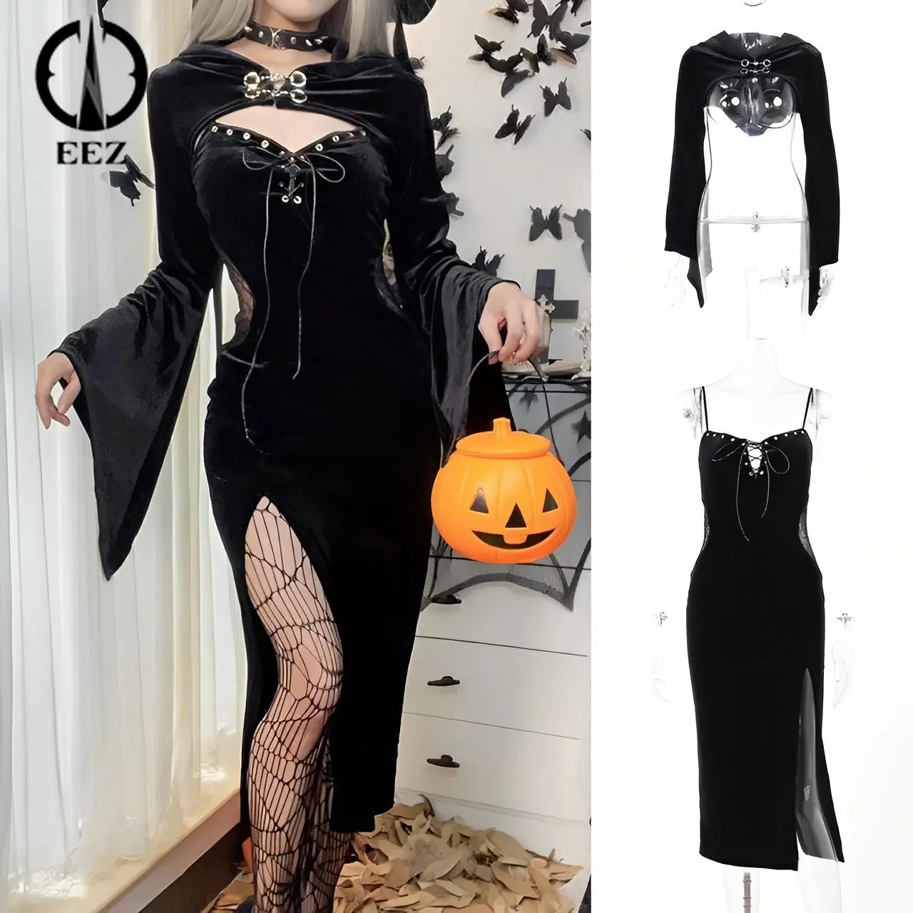 

2 Piece Dress Sets for Women Fall Black Velvet Hight Waist Split Spaghetti Straps Cobweb Patchwork Dresses Flare Sleeve Hoodies