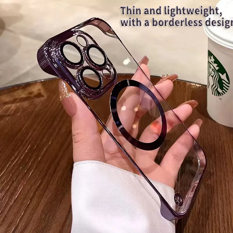 

Magsafe Magnetic Tape Lens Film Ultra Thin Electroplated Borderless Transparent Hard Phone Case for iPhone 14 13 12 Pro Max