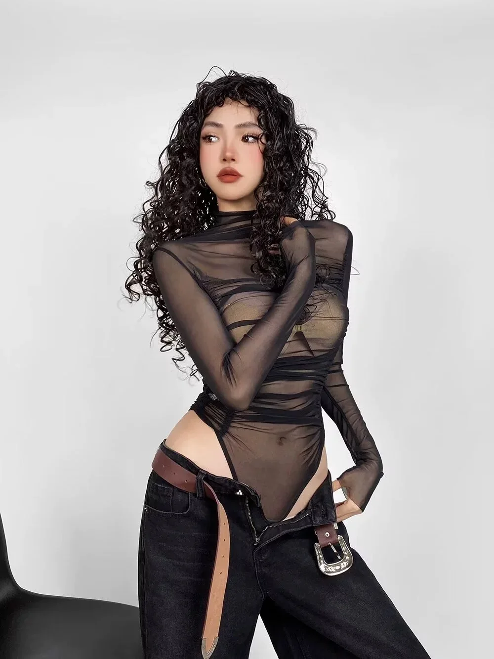 Модный женский боди Y2k тонкие прозрачные комбинезоны с рюшами женские