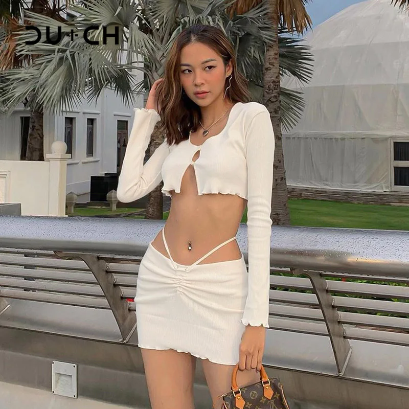 

CU-CH 2022 Summer Women Outfits Party Y2K Beach Strapless White Crop Top And Mini Bodycon Skirt Set Two Piece Sexy Club