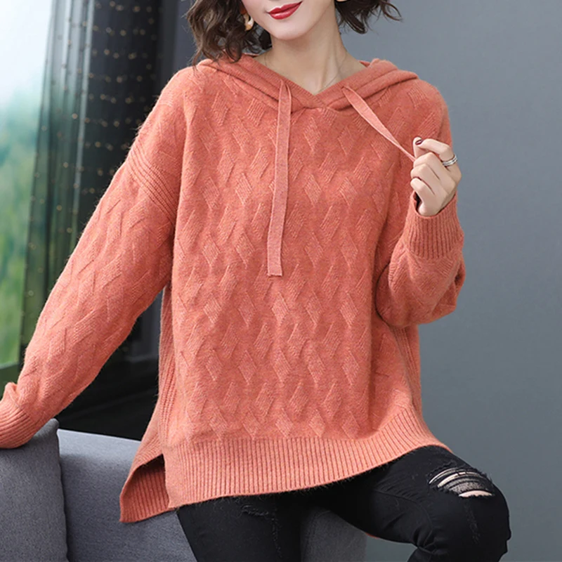 

New Winter Fashion Kintted Sweater Jumper Women Hooded Sueter Solid Loose Oversized Sweaters Pullover Warm Thick Roupas Feminino