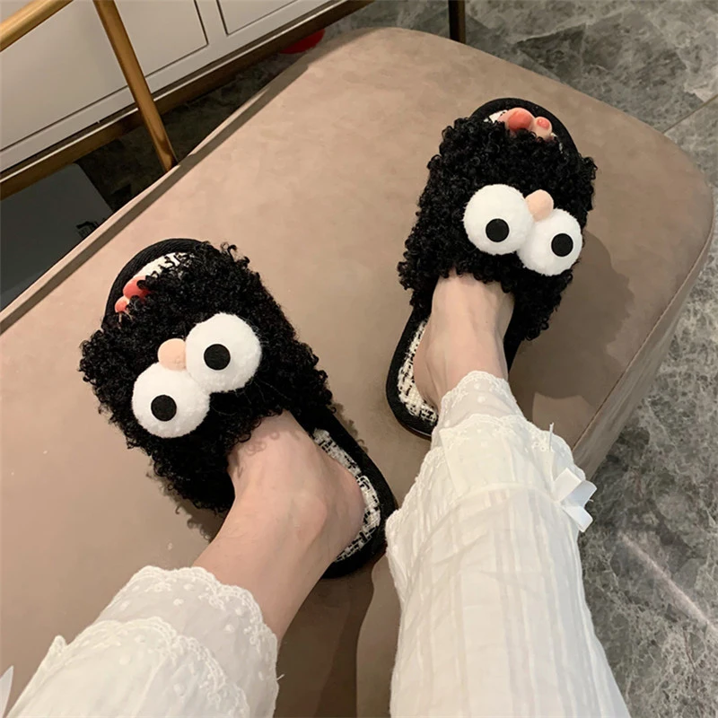 Пушистые меховые тапочки для глаз женские домашние нескользящие милые хлопковые