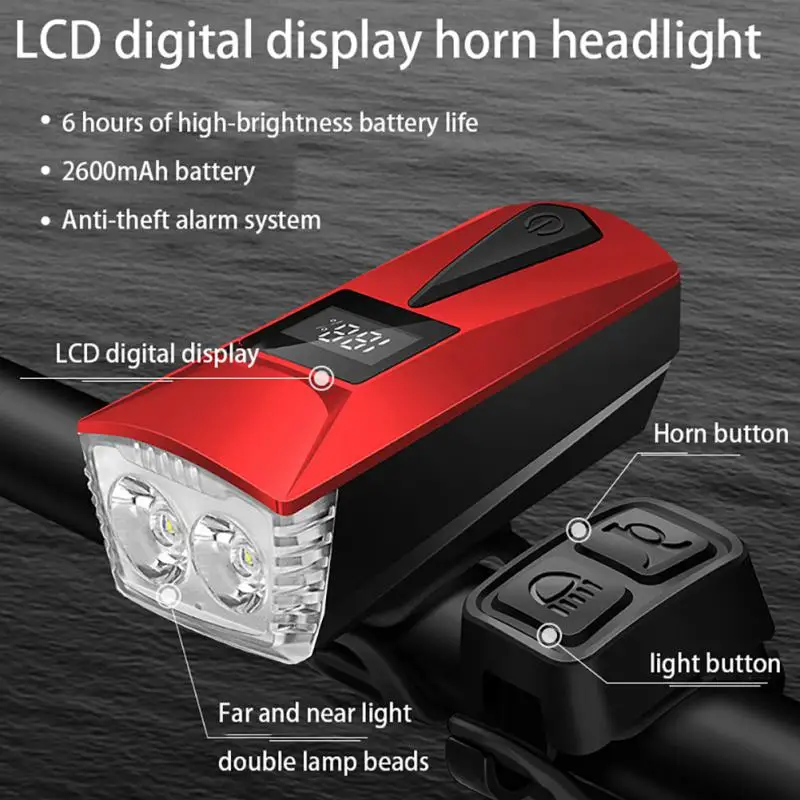 

Bicycle Lantern Headlight With Horn T6 Bike Cycling Strong Light Flashlight Large Capacity Battery Road Mountain Bike Front Lamp