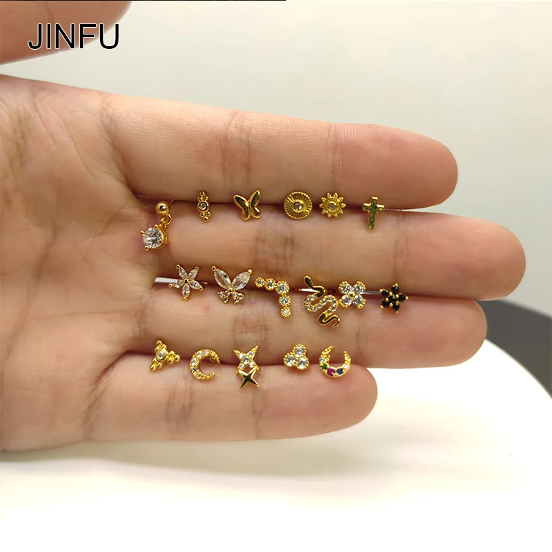 Купи JINFU Copper Gold Plated Stud Earrings for Women Cute CZ Zircon Threaded Piercing Women's Stud Earrings 2023 Jewelry Wholesale за 136 рублей в магазине AliExpress