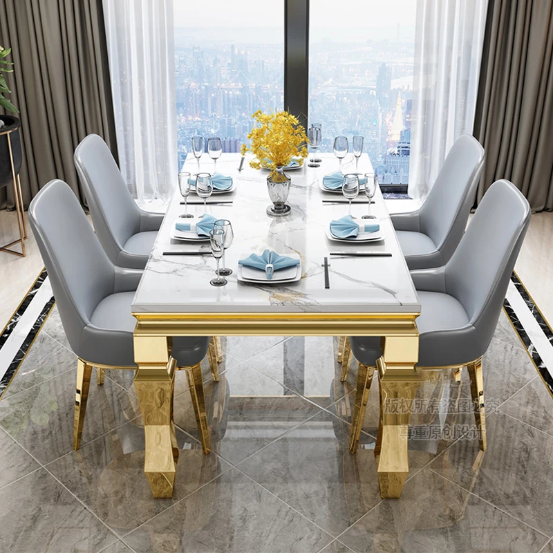 

Dining Table Marble Post-modern Simplicity Small Apartment Living Room Rectangular Stainless Steel Tables Combination 6 People