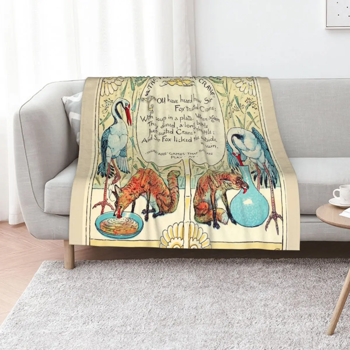 Фото RED FOX AND THE CRANE Art Nouveau Aesop Fables Плед Роскошные одеяла для диванов Модные диваны Одеяла для диванов №1