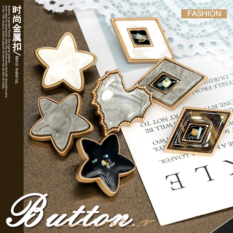 

6pcs Pentagram Star Heart Leaf Diamond Pearl Buttons CC Bead Vintage Lady Dress Coat Button Clothing Sewing Accessories Shell
