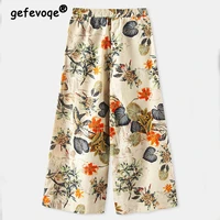summer cotton linen floral print high waist straight pants women loose casual wide leg pants female vintage fashion lady trouser