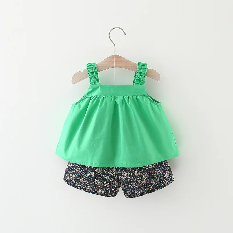 

Baby Girl Summer Clothing Sets Children Casual Clothes Infant Solid Suspender Top + Floral Shorts 2pcs Set Toddler Cute Outfits