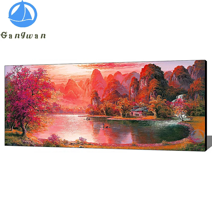 

DIY diamond painting Drawing hand drawn red mountains and water maple creek fishing boat farmhouse landscape embroidery mosaic