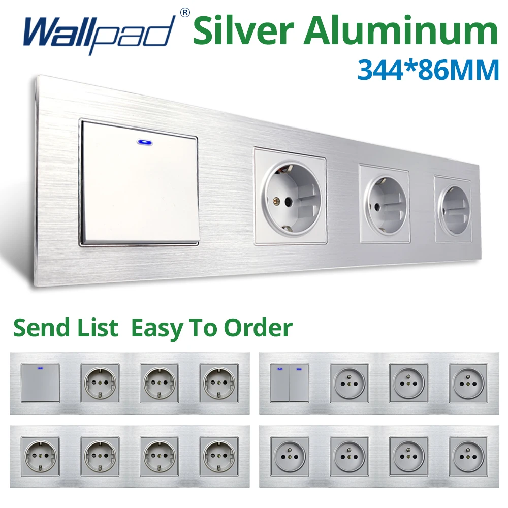 

Wallpad Silver Aluminum Alloy Panel 1 2 3 Gang 2 Way Wall Switches With LED Indicator EU Socket 344*86mm AC 110-220V 16A