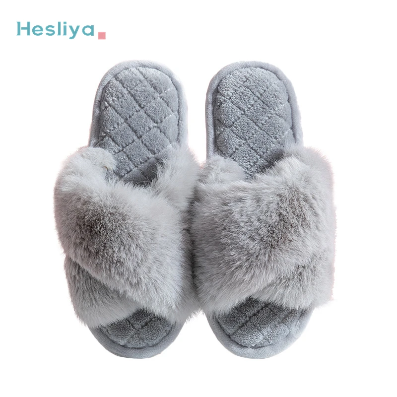 

Women Winter House Furry Slippers Women Cross Fluffy Fur Home Slides Flat Indoor Floor Shoes Ladies Flip Flops 2022 NEW Design