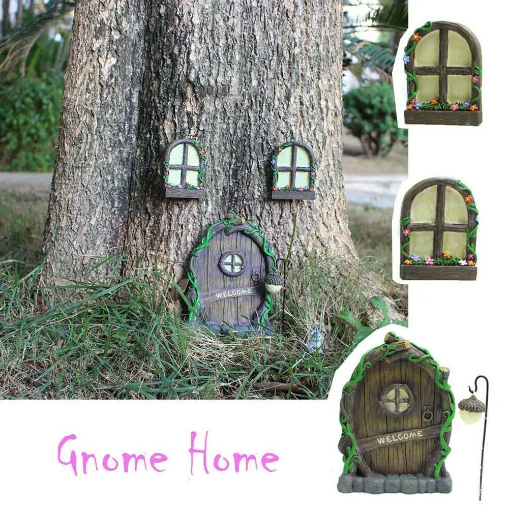 

Miniature Fairy Gnome Window Glow in The Dark Door Elf Home for Yard Art Garden Sculpture Decor Outdoor Fairy Garden K9R7
