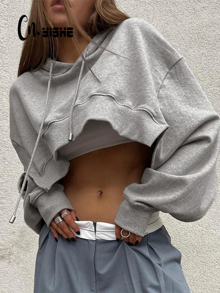 

CNYISHE 2022 Winter New Hipster Black Grey Cropped Sweatshirts Women Loose Sporty Workout Crop Tops Woman Fitness Hooded Hoodie