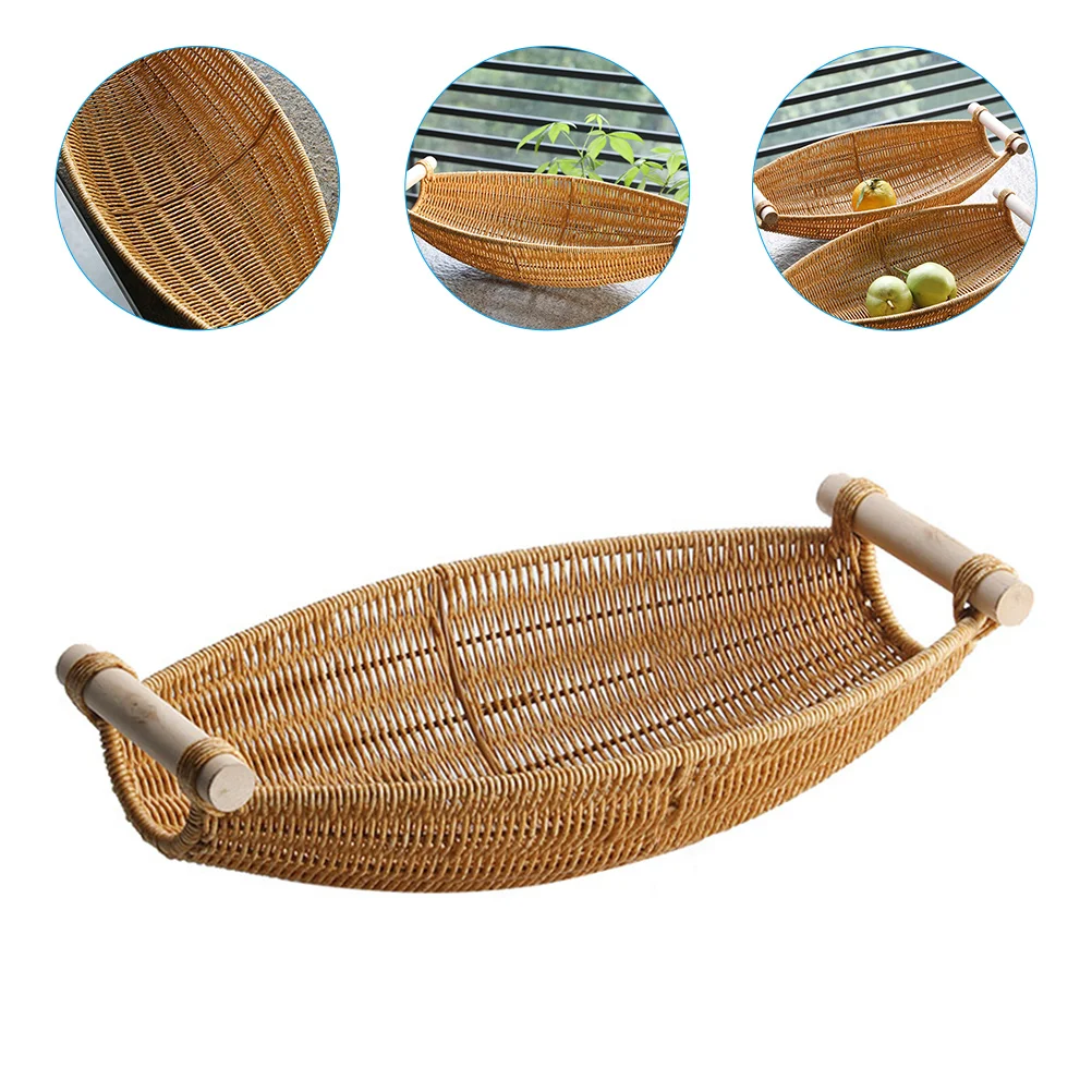 

Basket Woven Tray Fruit Serving Baskets Rattan Bread Storage Sushiwicker Eggboat Breakfast Tea Ottoman Platter Holder Countertop