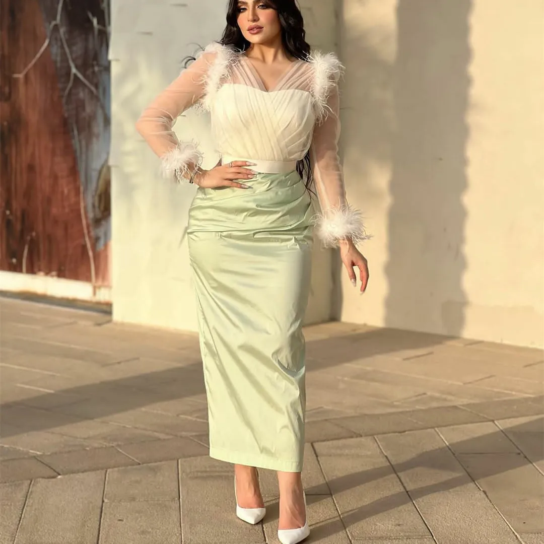 

Элегантное короткое вечернее платье из тюля с V-образным вырезом и длинным рукавом, атласное платье до щиколотки с перьями, женское вечернее...