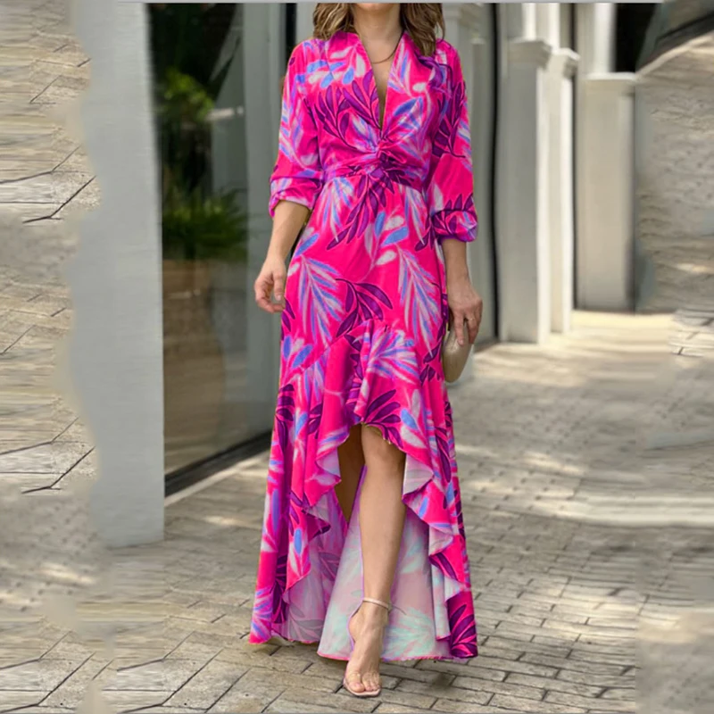 

Spring Long Sleeve Boho Loose Beach Dress Chic Printed Party Banquet Dress Sexy Women V Neck High Waist Irregular Ruffle Dress
