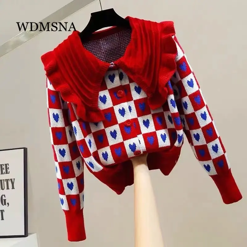 

Осенний свитер WDMSNA с длинным рукавом, женский корейский Свободный вязаный кардиган с воротником Питер Пэн и надписью Love, однобортный женски...
