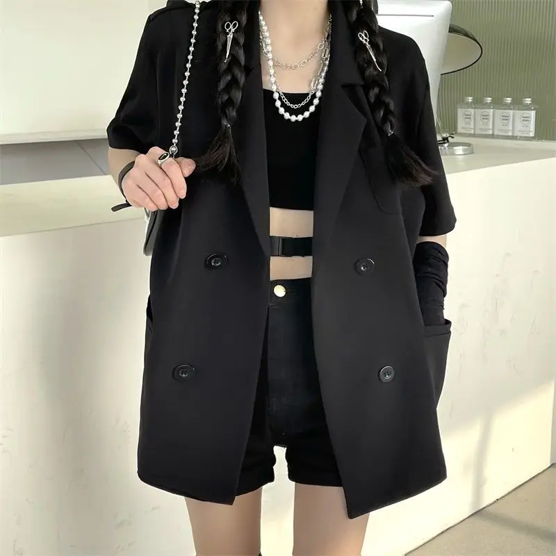 Blazers Women Short Sleeve Fashion Leisure All-match Solid Double Breasted Summer Simple Chic Mujer Clothing Daily Korean Style