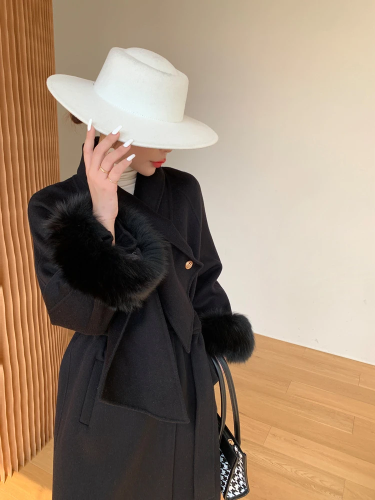 

2023 New Fashion Fox Fur Cuff Winter Women Coat Double-sided Wool&blends Cashmere Loose Bowknot Collar Warm Streetwear
