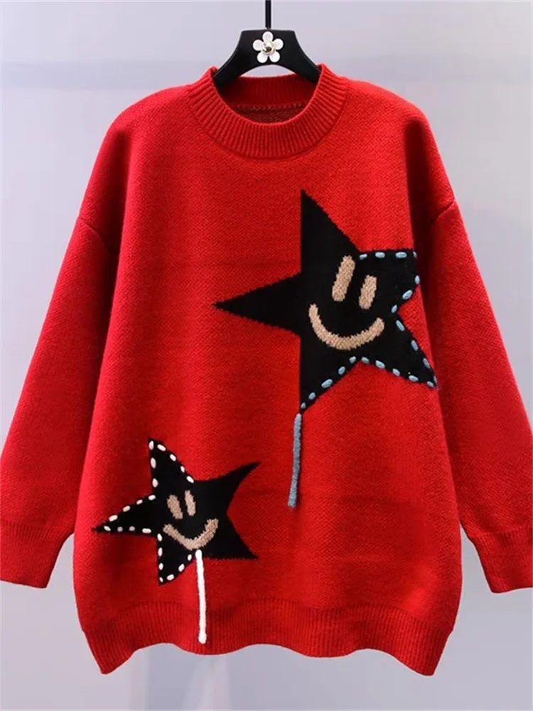 

Hsa зимний свитер, пуловеры для женщин, вышивка в виде звезд, Kawaii Smile, вязаный пуловер, свободные Стильные корейские модные топы с кисточками
