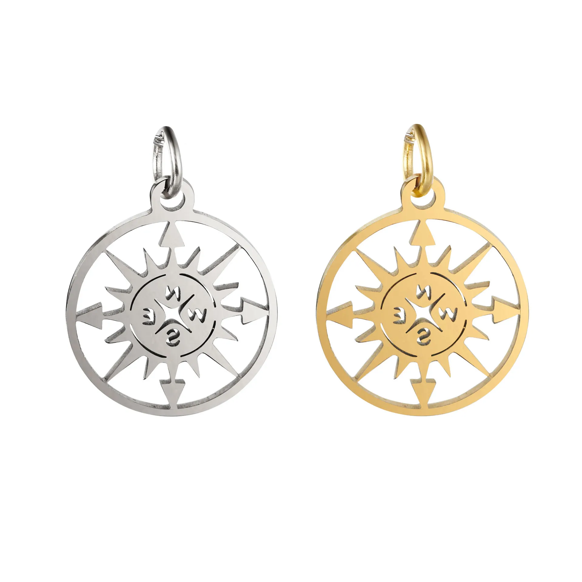 

4Pcs Gold Plated 304 Stainless Steel Travel Charms Round Compass Hollow Pendants For DIY Fashion Necklace Earring Jewelry Making