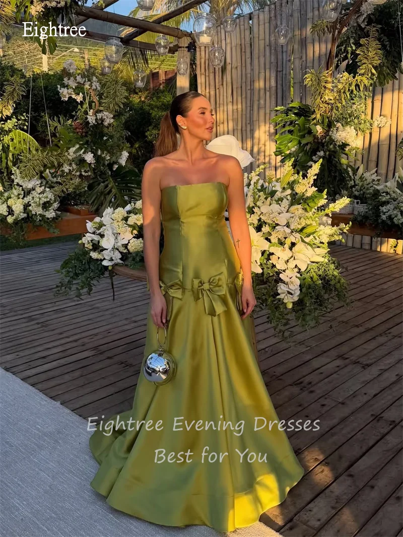 Фото Вечернее платье Eightree Mustard Green A Line без бретелек с бантом, длинное, в пол, для выпускного вечера, на заказ №3
