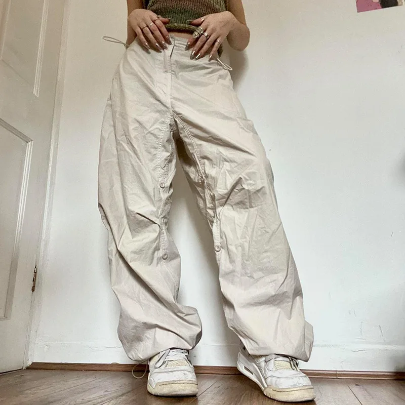 Women Solid Color Loose Trousers Spring Vintage Drawstring Elastic Buckle Loose High Waist Casual Long Cargo Pants Streetwear