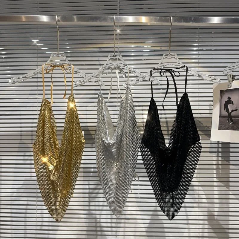 

2024 Winter Sleeveless Metal Sequins Halter Camis Women GH169