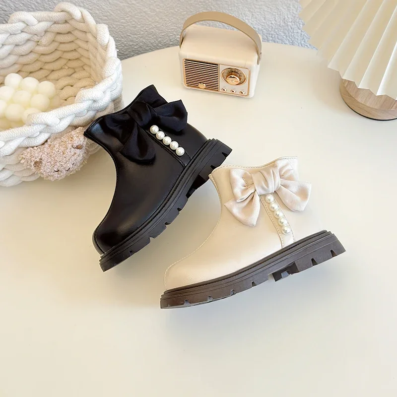 Новые зимние детские ботинки для девочек модные бежевые ботильоны принцессы с