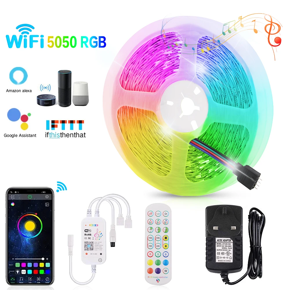 

Светодиодная лента RGB 5050 12 В, гибкая Диодная лента для телевизора, ПК, монитора, подсветильник Ки, Wi-Fi/Bluetooth-управление с адаптером питания
