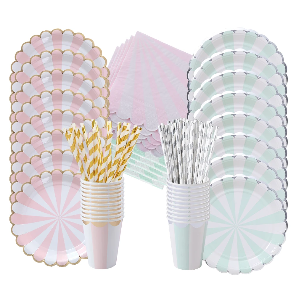

63 pcs 1set pink mint green paper Striped Tableware Wedding Birthday disposable Plates Cups Straws Napkins party decor Supplies