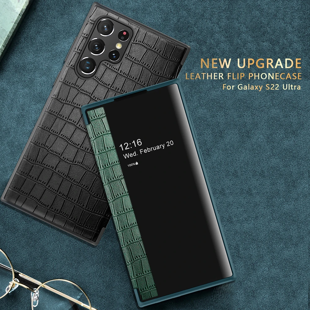 

For Samsung Galaxy S22 Ultra Case Luxury Crocodile Texture PU Leather Window Flip Cover For Samsung S22 Plus 5G Phone Case Funda
