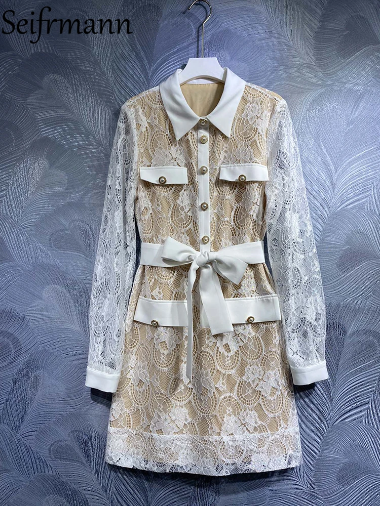 

Seifrmann High Quality Spring Women Fashion Designer Mini Dress With Belt Lantern Sleeve Fake Pocket Lace Hollow Out Dresses