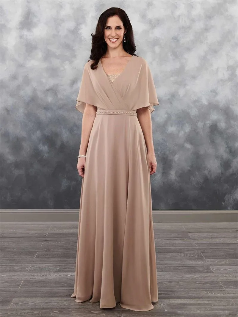 

Elegant Mother of the Bride Dresses Khaki Beaded Neck robe de soirée femme Evening Gowns Floor Length Chiffon vestidos de noche