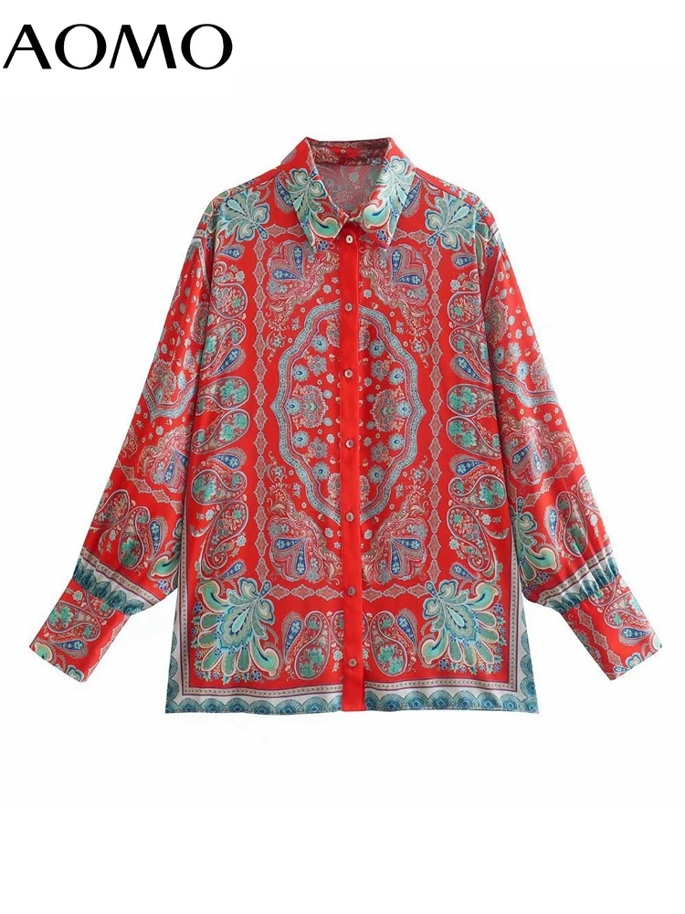 

AOMO Women Fashion Paisley Print Vintage Shirts Vintage Long Sleeve Button-up Female Blouses Blusas 5Z78A