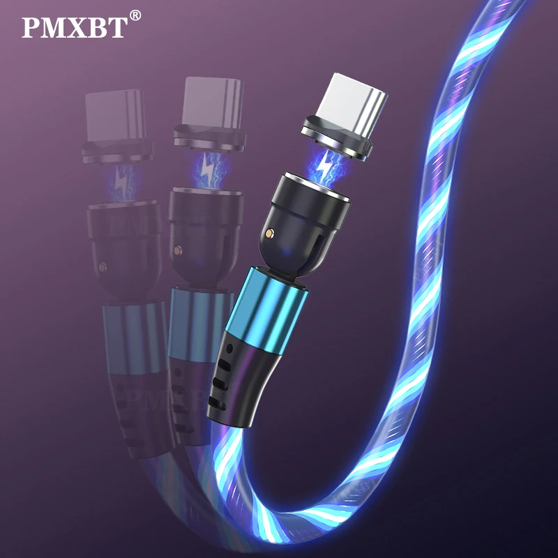 

3A Magnetic Cable Flowing Light LED Micro USB Cable For iPhone Samsung S10 Huawei P40 Xiaomi Redmi Type C Charge Fast Charge 2M