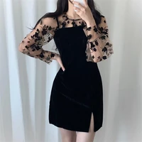 spring and autumn womens korean version retro fashion black slim sexy mesh waist slit mini dress womens party clothes