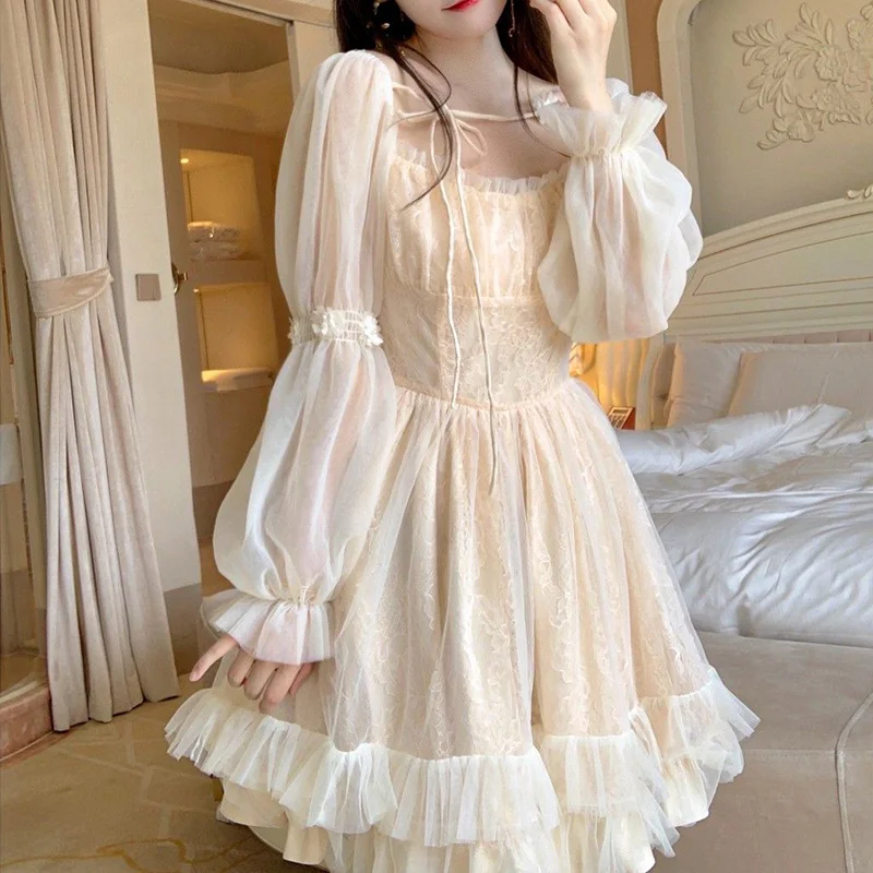 2023 Women Casual Long Sleeve Vintage Y2k Mini Dress Female Japanese Style Dress Korean Autumn
