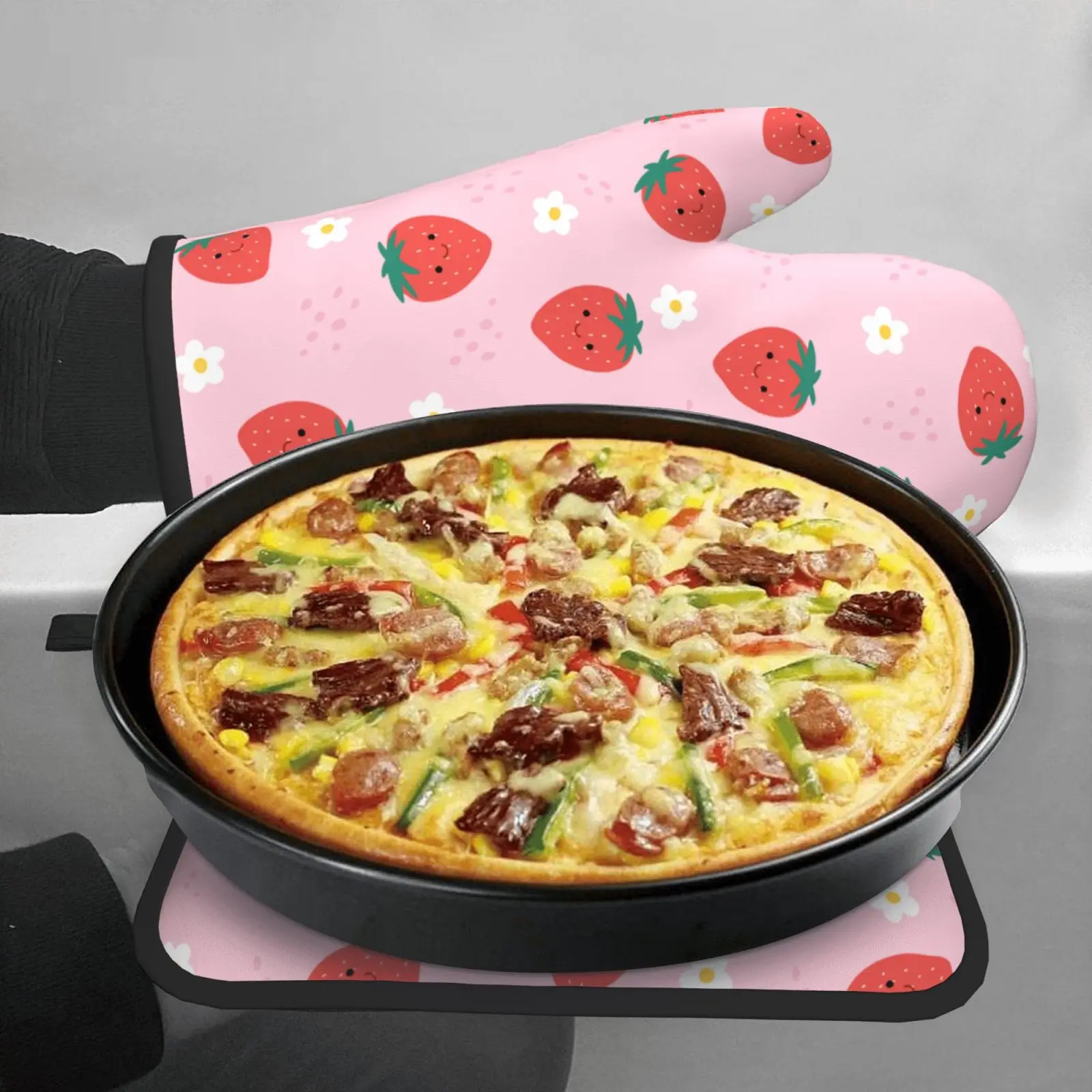 Рукавицы и варежки для духовки с клубничкой 2 шт. термостойкие Нескользящие