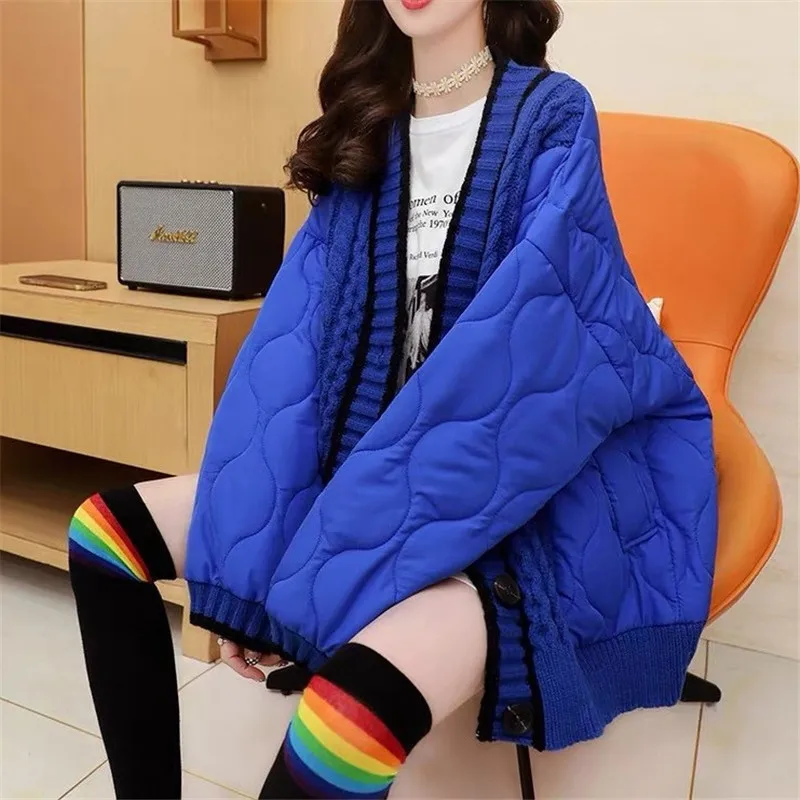 Autumn and Winter New Splicing Fashion Sweater Loose Lazy Style Thickened Knitting Cardigan Simple Jacket Winter Coat