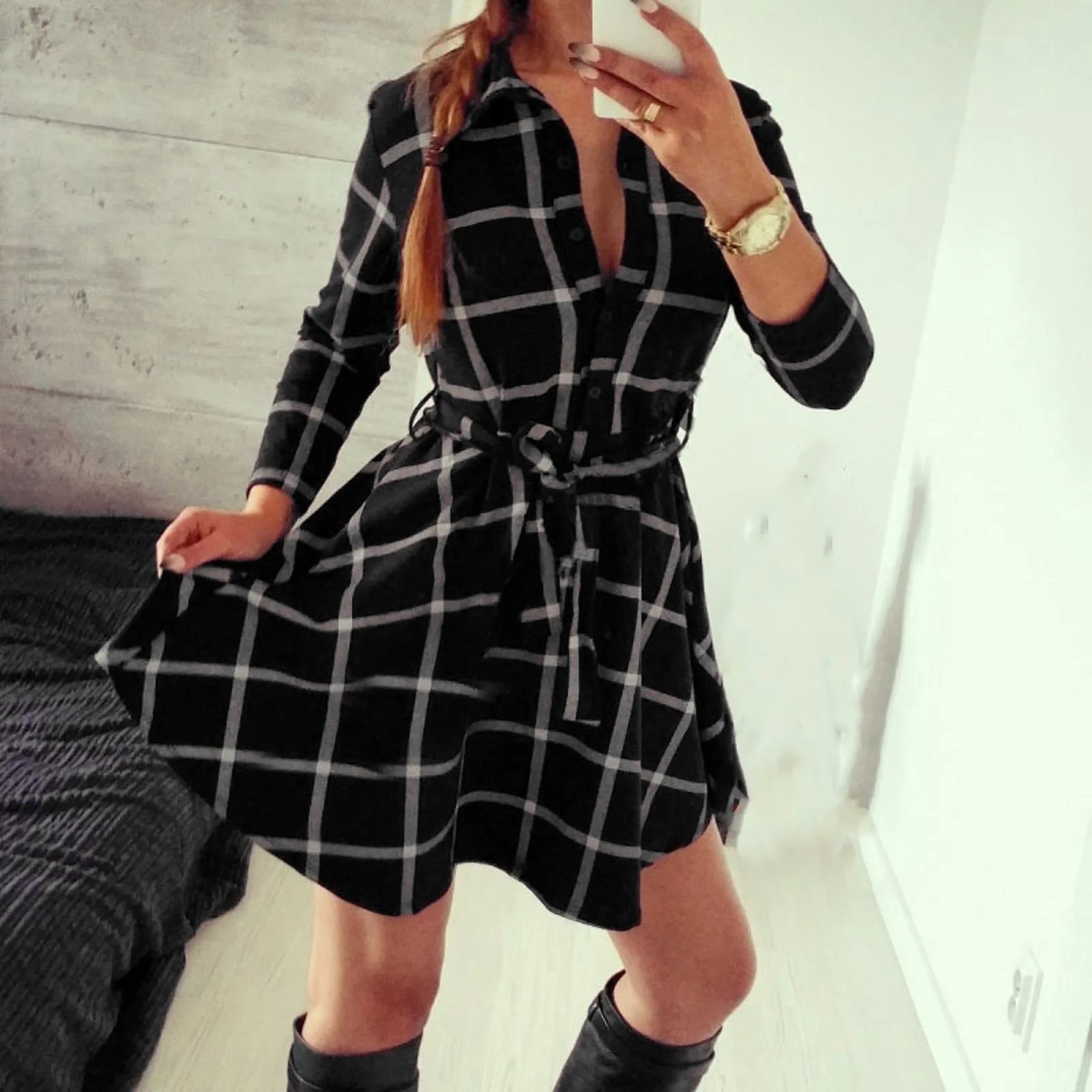 

Женская осенне-зимняя повседневная модная клетчатая рубашка с рукавом 3/4, шифоновые платья с завязками для женщин, сексуальное расклешенное платье, рождественское платье