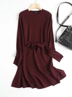 yenkye new fall fashion women wine red ruffle knit dress long sleeve with belt office ladies mini dresses