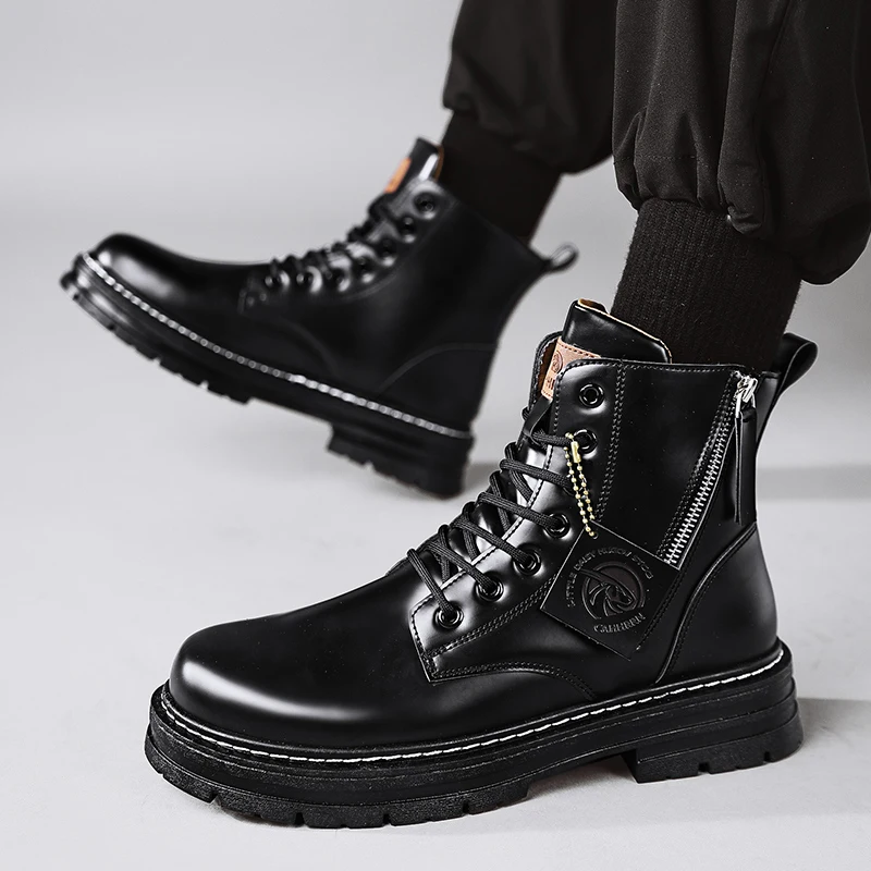 

Classic Black Leather Boots for Men Winter Fashion Platform Motorcycle Leather Boots Men Zipper Casual Mens Ankle Boots 2022