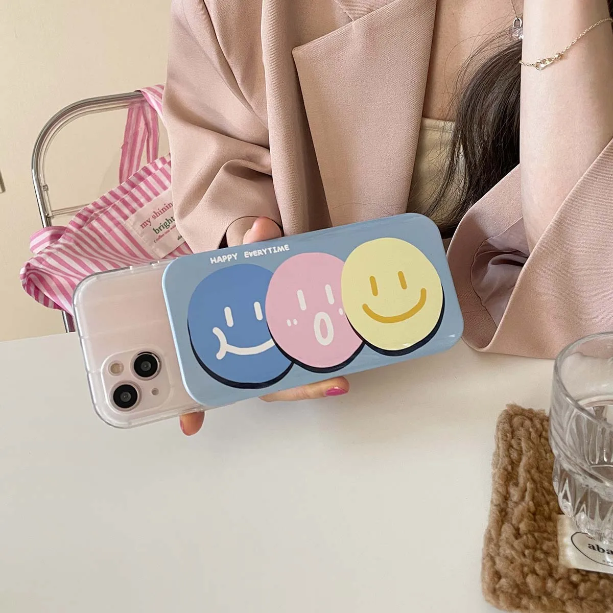 New Cartoon Cute Smile Face Dual Layer Hard Back Covers For iPhone 14 13 12 11 Pro Max With Hide Mirror Slide Camera Phone Case