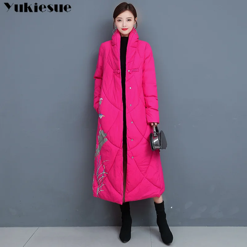 embroidery clothes Women Parkas Winter Hooded Warm Coat Slim Cotton Padded Basic Jacket Female Casual long Outwear feminina